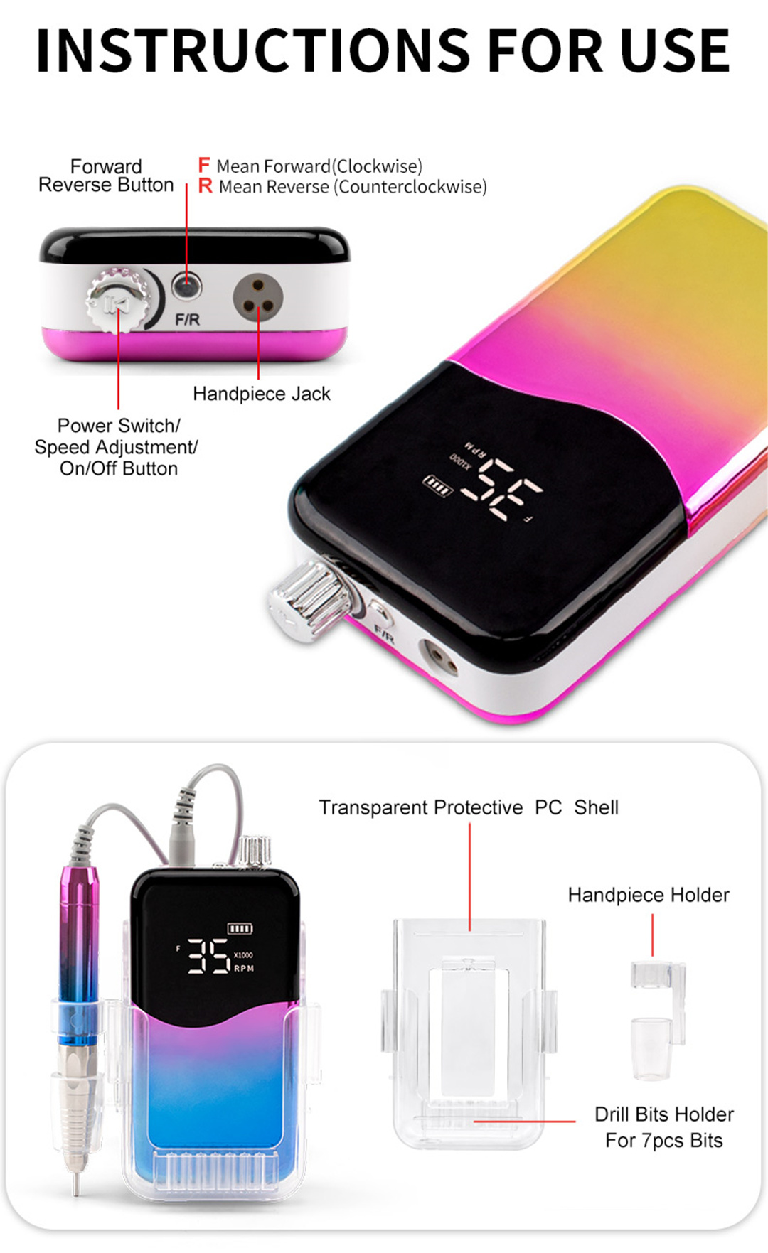 SN358S Professional Brushless Nail Drill Machine Portable Cordless Rechargeable 35000 RPM Manicure E File (8)