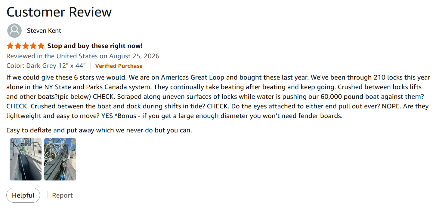 customer-review-americas-great-loop-fenders.png / Alt: 5-star customer review from Steven Kent testing inflatable fenders on America's Great Loop