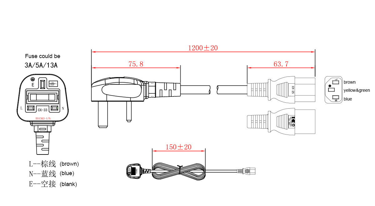 BYC0008 Boying UK 3pin to C14 plug AC cable drawingunt