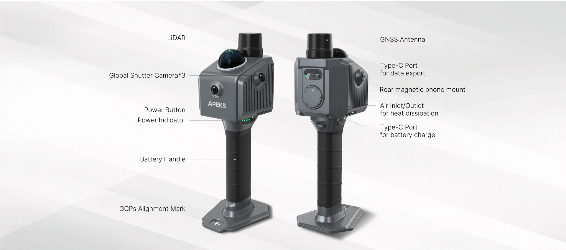 APEKS AScan X1 handheld SLAM scanner hardware components: LiDAR, global shutter cameras, GNSS antenna, battery handle
