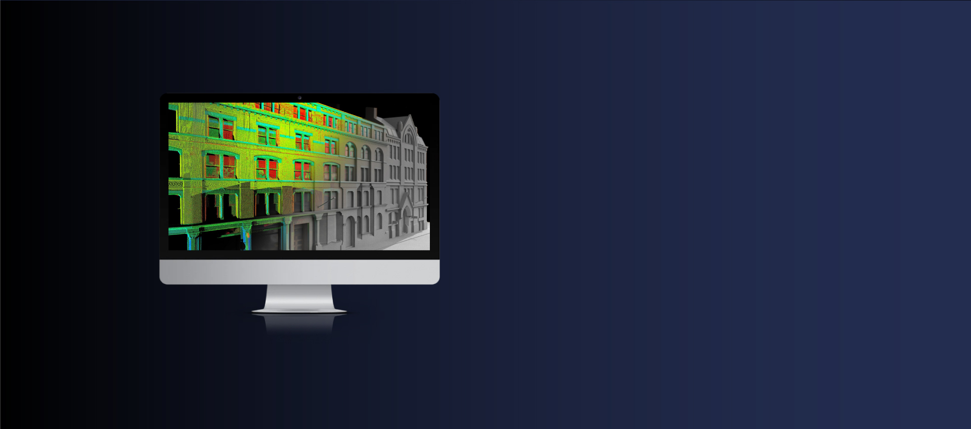 Colorized 3D point cloud of a building generated from APEKS AScan X1 scan data, displayed on a computer monitor
