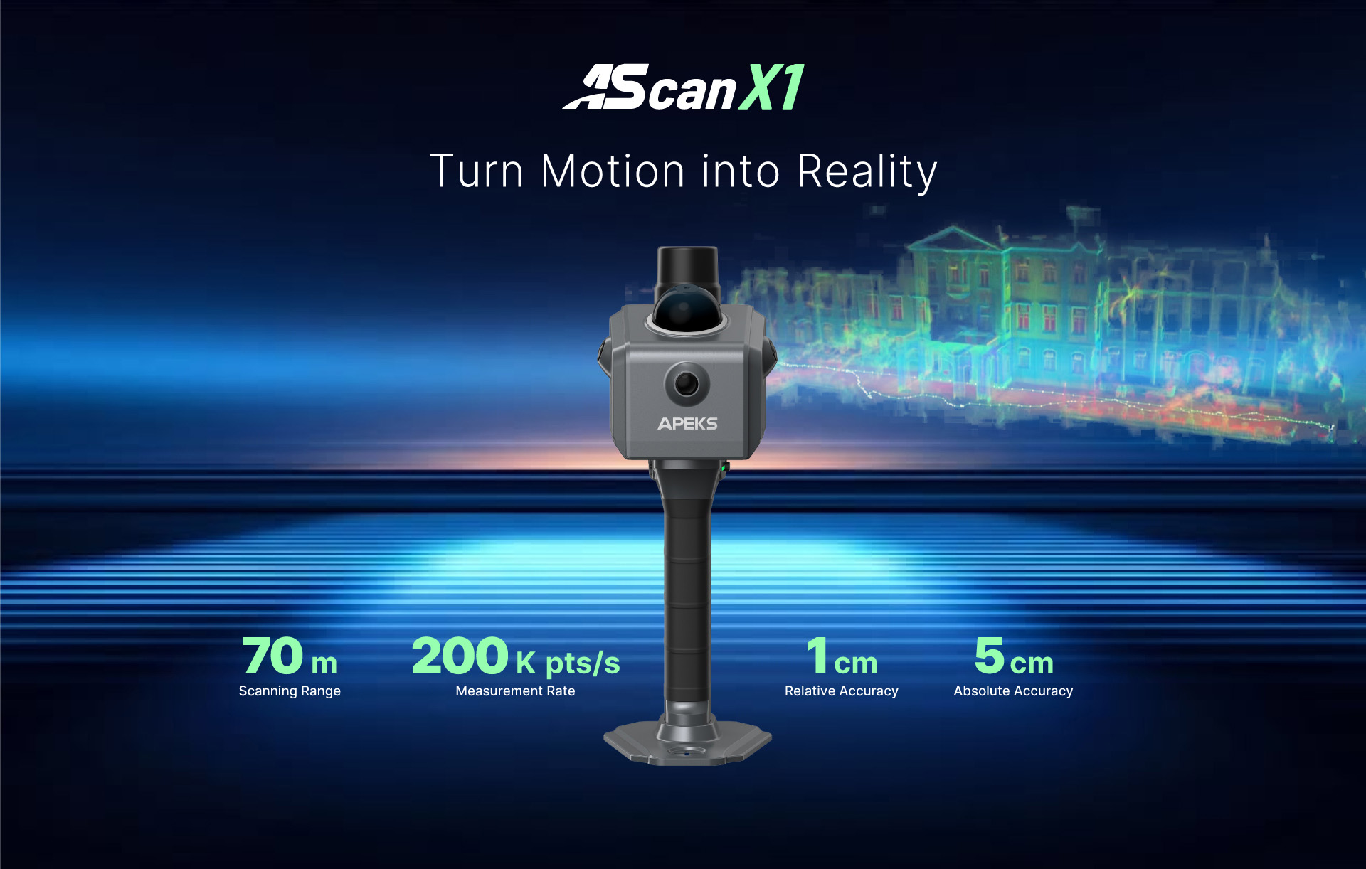 APEKS AScan X1 handheld SLAM scanner with 70m scanning range, 200K points per second, 1cm relative accuracy