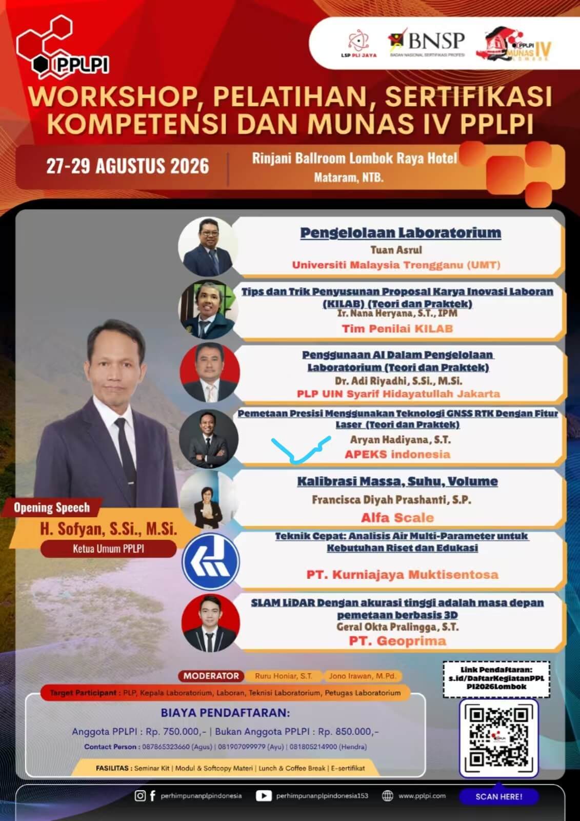 Official event poster of PPLPI National Workshop 2026 in Lombok featuring APEKS Indonesia speaking on precision laser GNSS RTK surveying