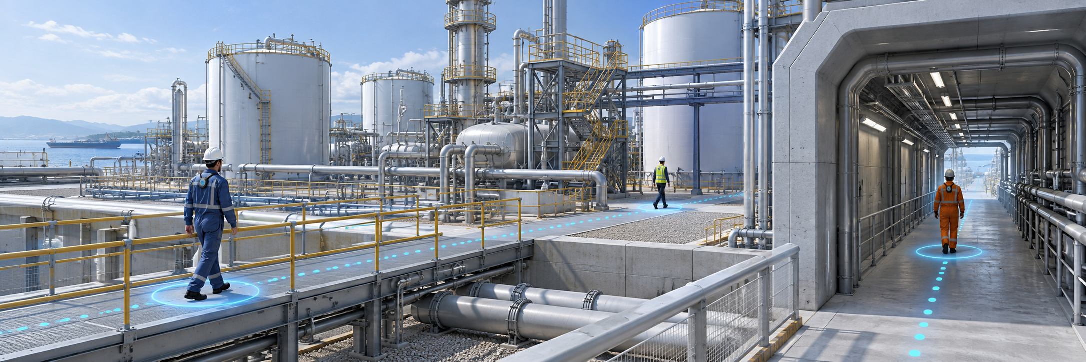Personnel tracking system concept showing workers with wearable tags along petrochemical plant walkways and a covered passage.
