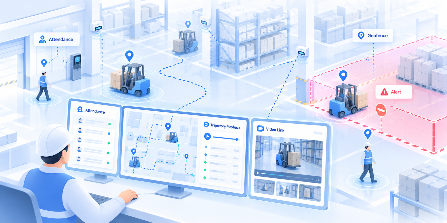Forklift safety systems with smart attendance, trajectory playback, video linking, electronic geofencing, and location-based alerts for personnel and vehicles