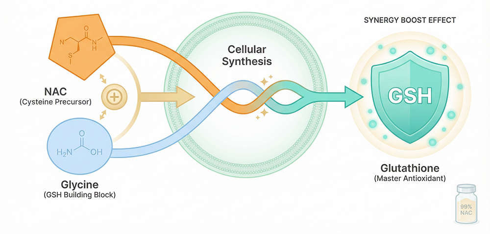 Voie biochimique du GlyNAC montrant la conversion des précurseurs NAC et glycine en glutathion endogène (GSH) par synthèse cellulaire. Illustre la stratégie directe versus la stratégie via les précurseurs pour l'augmentation du glutathion.