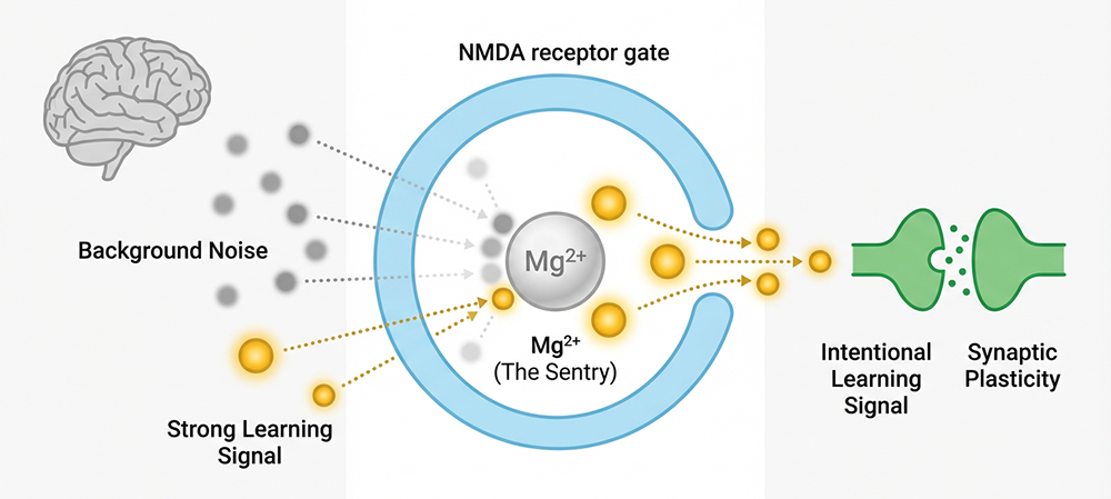 Le L-thréonate de magnésium agit comme un gardien au niveau du récepteur NMDA, filtrant le bruit de fond du glutamate et ne laissant passer que les signaux d'apprentissage intentionnels pour la plasticité synaptique.