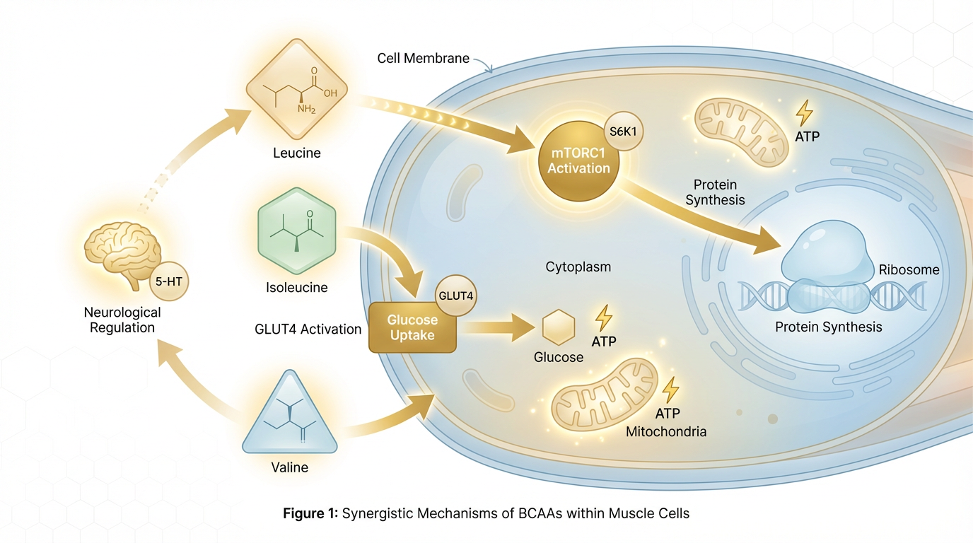 Scientific illustration of BCAA mechanisms in muscle cells showing leucine, isine, isoleucine, and valine pathways with mTORC1, GLUT4, and CNS activation