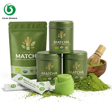 Serbuk Teh Hijau Matcha Label Persendirian Pembungkusan Tersuai Perkhidmatan OEM Gred Upacara dalam Beg Tin Sachet Kayu Semua-dalam-satu