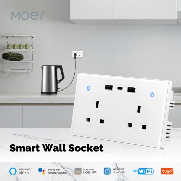 Gniazdo ścienne MOES WiFi Smart Wall Socket UK 13A z przełącznikiem dotykowym i portami ładowania USB typu C