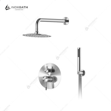 Wall-mounted rain shower system with brushed steel shower faucet set and handheld sprayer and valve