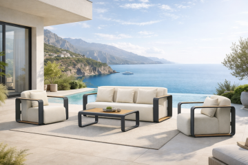 ExpressGarden Hotel Resort Commercial Powder-coated Aluminum Sofa Set, Imitation Wood Outdoor Patio Furniture