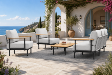 Weatherproof Rope Outdoor Patio Furniture Set | Aluminum Frame Teak Armrest Backyard Relaxation Sofa Set