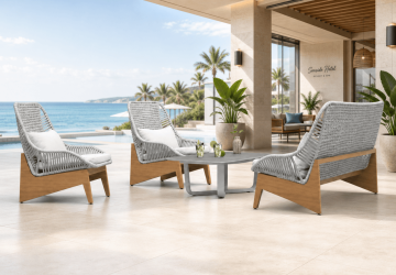 Conjunto de salón moderno con base de aluminio con aspecto de teca y sistema de transferencia de calor, tapizado en cuerda trenzada | Muebles de exterior comerciales con encimera de piedra para hoteles y villas