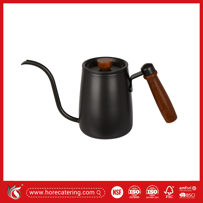 Ấm đun nước cổ ngỗng 500ml, bằng thép không gỉ, an toàn khi sử dụng trên bếp để pha cà phê và trà kiểu rót thủ công, vòi rót chính xác và tay cầm bằng gỗ.