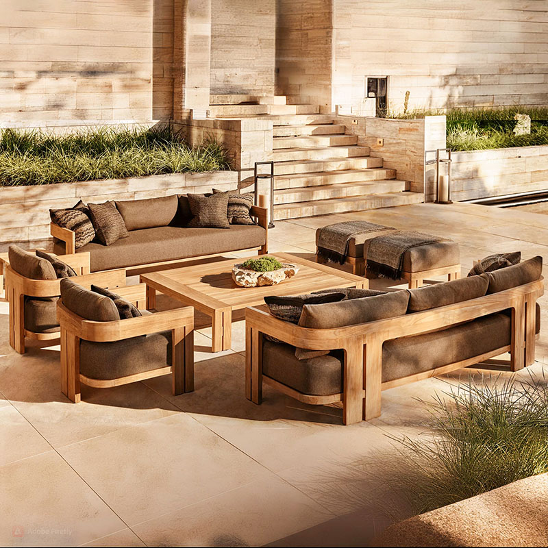 Outdoor Teak Sofa Set Modern Simple Weatherproof Fabric Waterproof Open Air Patio (4)