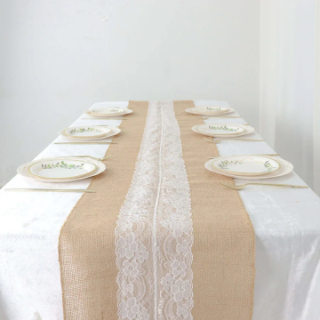 Burlap Jute Table Runner With White Middle Lace