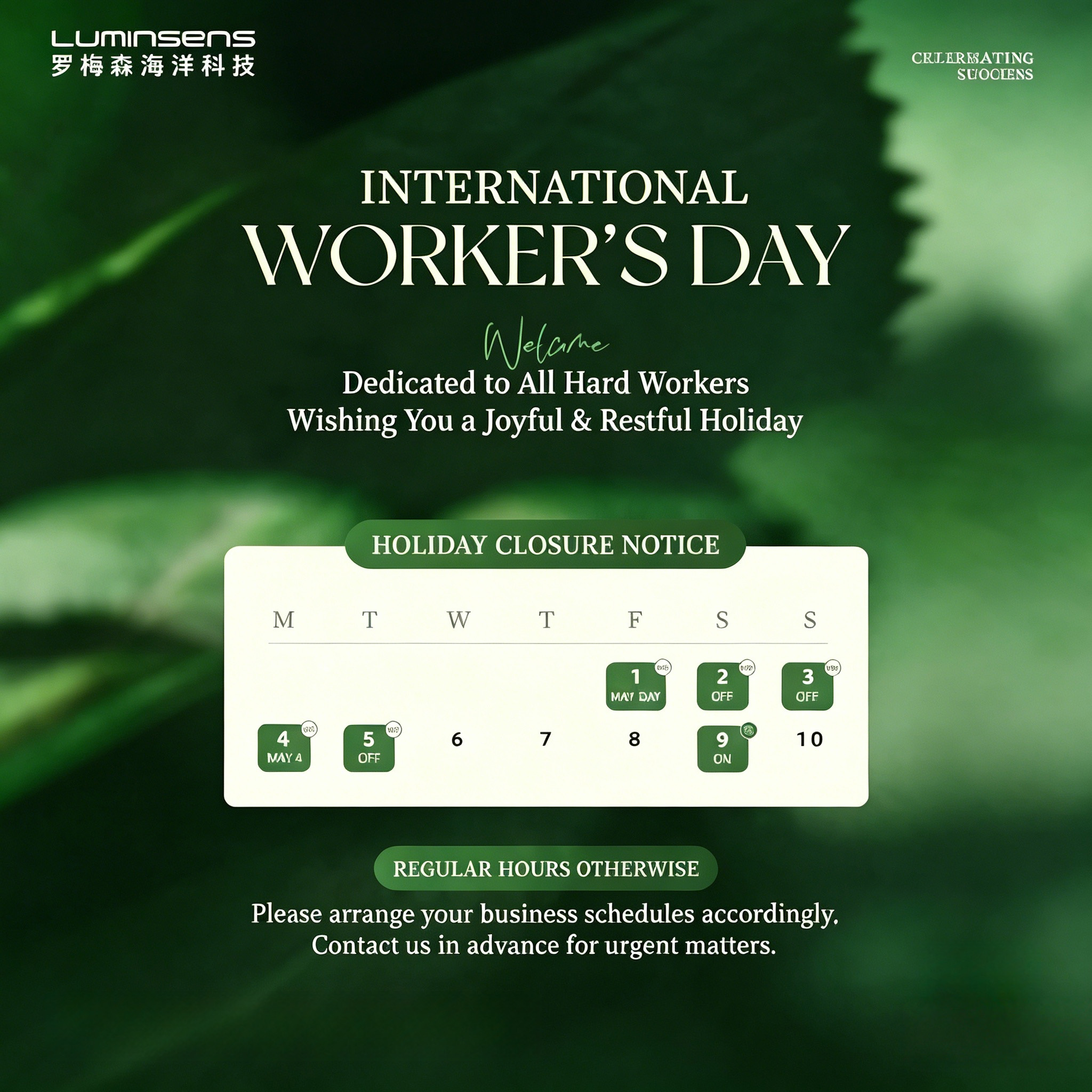 LUMINSENS International Worker's Day Holiday Notice: Reliable Water Quality Monitoring Solutions for Uninterrupted Operations