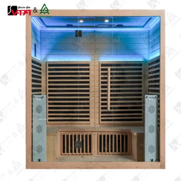 Vapasauna SIP-1063 Series: A tailored luxury wellness experience. Custom sizes and full-spectrum technology. Bluetooth speaker functionality.