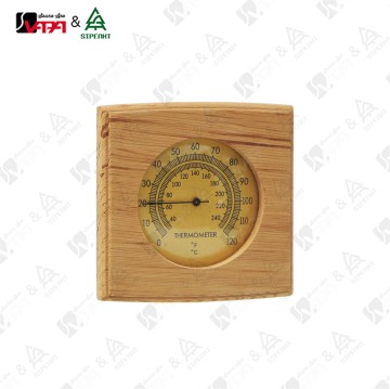 WTH046 Vapasauna Premium Square Sauna Thermometer, Made Of Solid Wood, With an Elegant Wooden Base and an Easy-To-Read Single Scale.