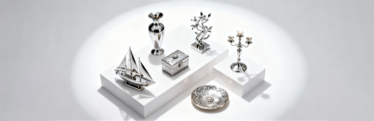 jimeng-2025-12-11-2281-现代产品摄影风格，金属工艺品和铝合金制作礼物的展示场景，采用轻微俯视角度拍摄。现_