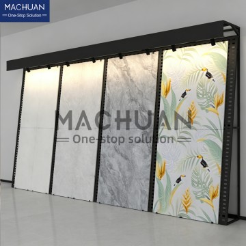 Freestanding Slanted Perforated Tile Display Rack with LED Lighting
