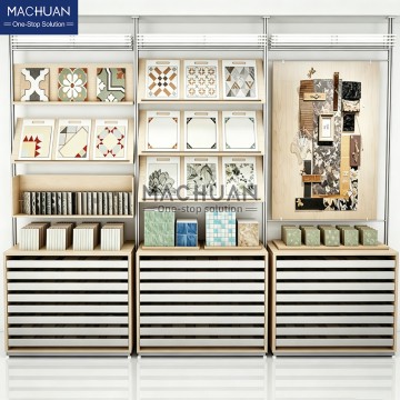 Ceiling-mounted Modular Tile Display Rack with Wood Drawers a...