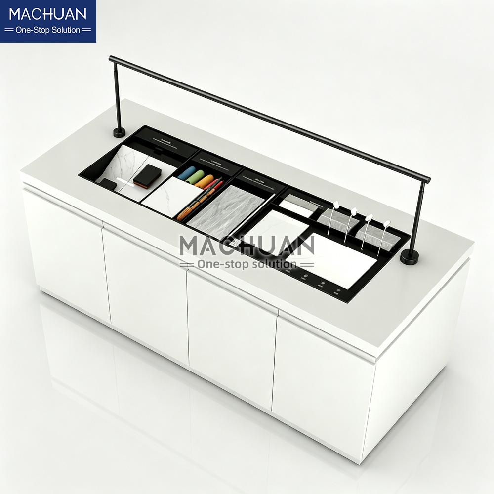 white tile display table