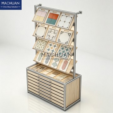 Wall Leaning Tile Display Cabinet with Multi Slanted Shelves and Wooden Drawer Unit