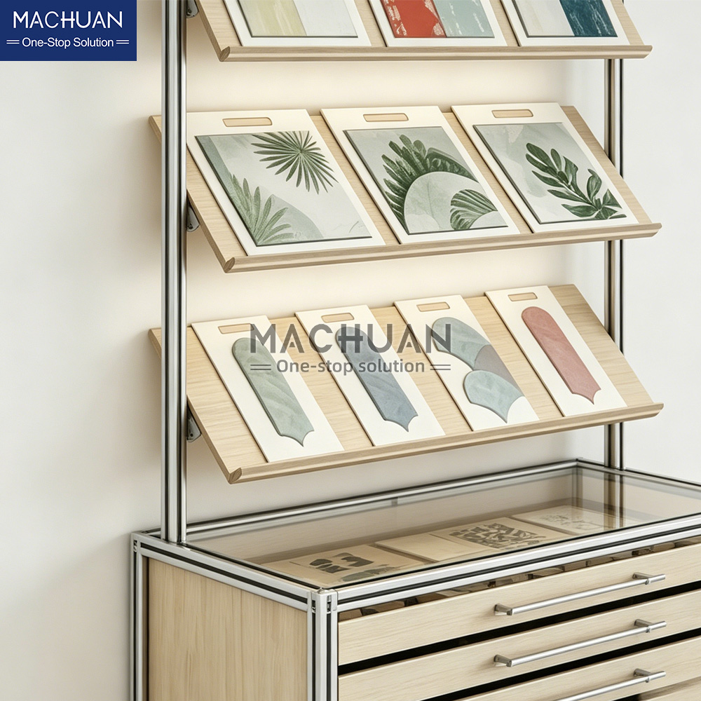 slanted display shelves