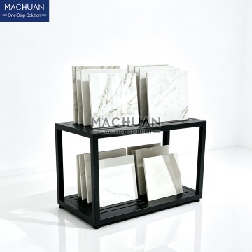 Freestanding 2-Tier Tile Display Stand with Slotted Shelves F...