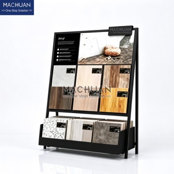Metal Tile Display Stand Double Layer Sample Slots With Top Advertising Board