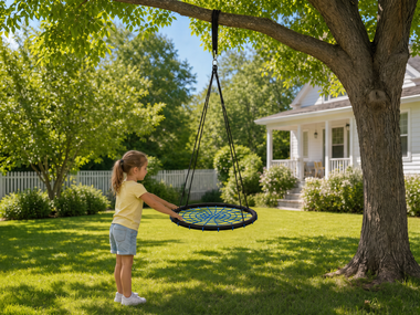Guía de seguridad para el columpio redondo infantil con forma de telaraña de 85 cm.
