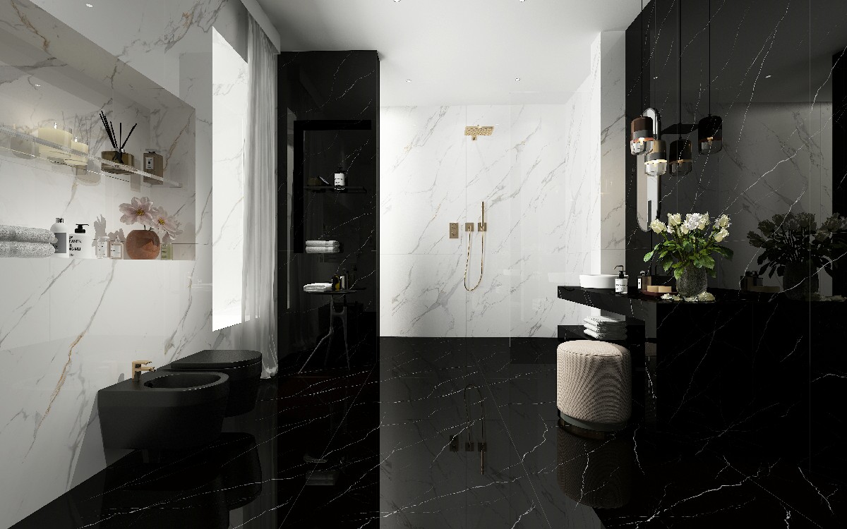 Painel de pedra sinterizada Flack Marquina – Acabamento brilhante com veios de mármore (1)