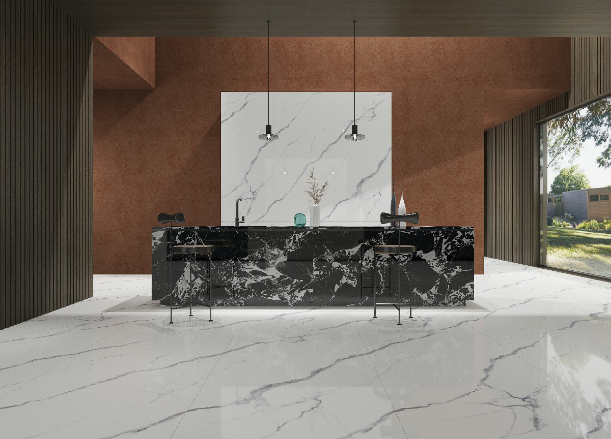Placa de porcelanato polido ZHONGHUA WHITE com aparência de Calacatta (1)
