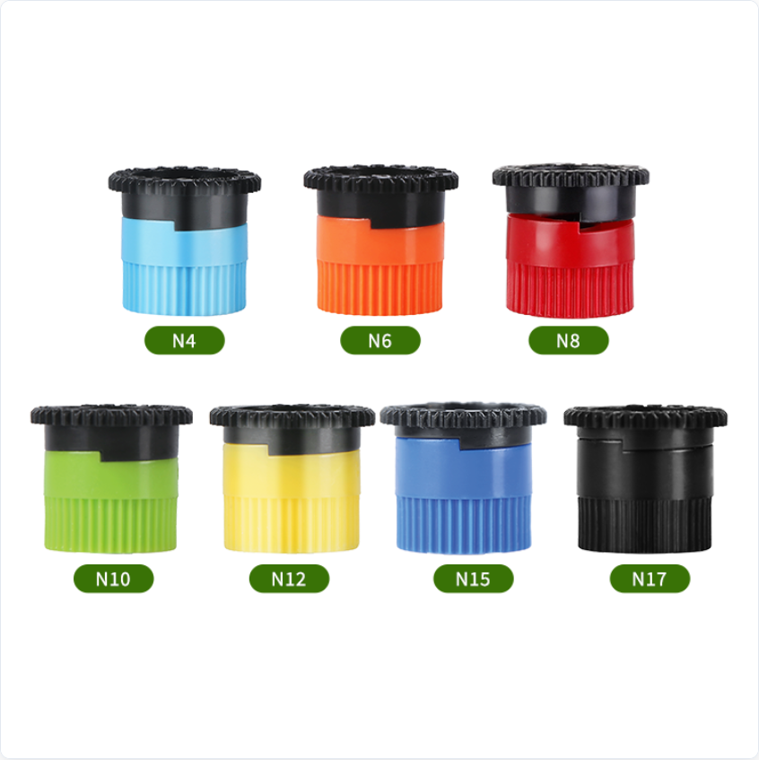 Rain Ling color-coded adjustable spray nozzles — the radius and arc are set by a single screw, and the screen lifts out without disturbing the spray pattern.