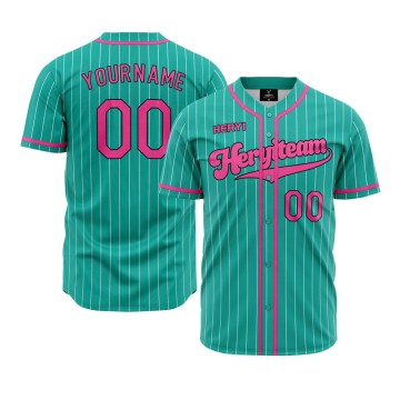 Seafoam Green V-Neck Baseball Jersey with Thin White Stripes & Pink Lettering | Custom Sublimated Polyester 20251223-2