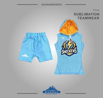 Custom Sublimated 7v7 Flag Football Uniform Set  Premium Sky Blue Sleeveless Hoodie & Shorts Performance Teamwear