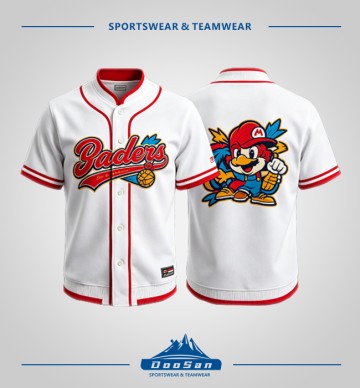 White Red Trim Stand Collar Baseball Uniform with Cartoon Mascot Print