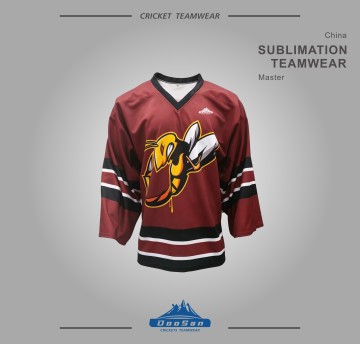 Custom Sublimated Maroon Ice Hockey Jersey, V-Neck Long Sleeve Team Sports Shirt with Hornet Graphic