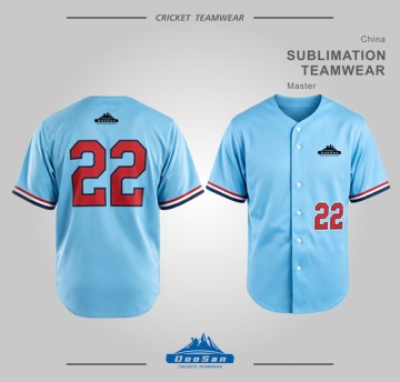 Light Blue Full‑Button Sublimation Baseball Jersey With Red‑White‑Navy Sleeve Trim