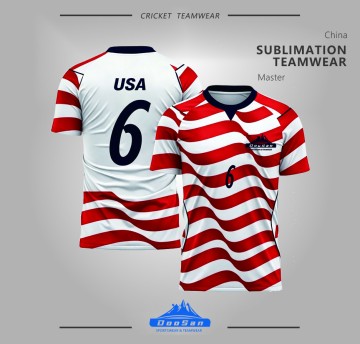 Custom Sublimation USA Soccer Jersey #6 Red White Striped Short Sleeve Football Uniform Manufacturer Supplier
