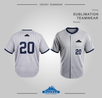 White Pinstripe Full Button Sublimation Baseball Jersey with Navy Trim