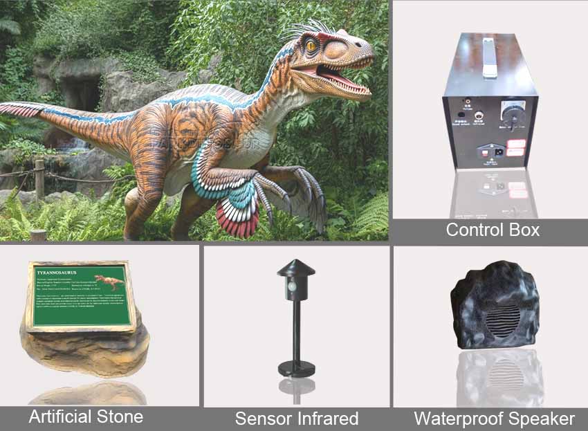 Modelo realista de Velociraptor em tamanho real com penas e acessórios.