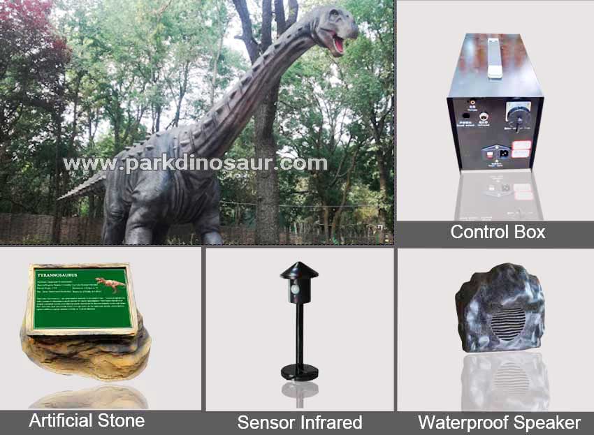 Dinossauro animatrônico gigante com pescoço comprido para acessórios de parques temáticos.