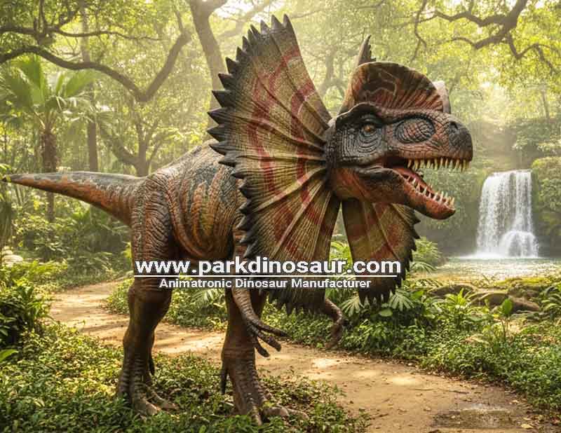 Realistyczny animatroniczny model dilofozaura z kolekcji Jurassic Dinosaurs od chińskiego producenta Parkdinosaur