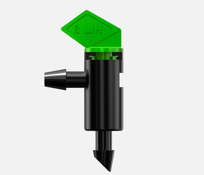 OFD-08 pressure-compensating flag dripper installed at the base of a landscape shrub