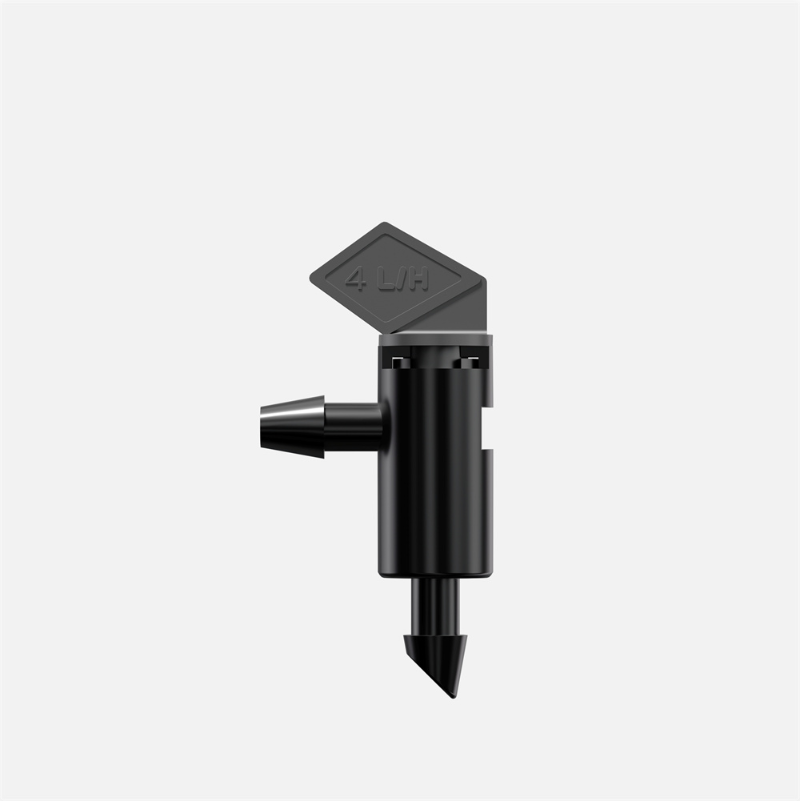 The OFD-04 flag dripper — 1/4 inch self-tapping barb inlet, twist-open top for in-line service, UV-resistant polypropylene body.
