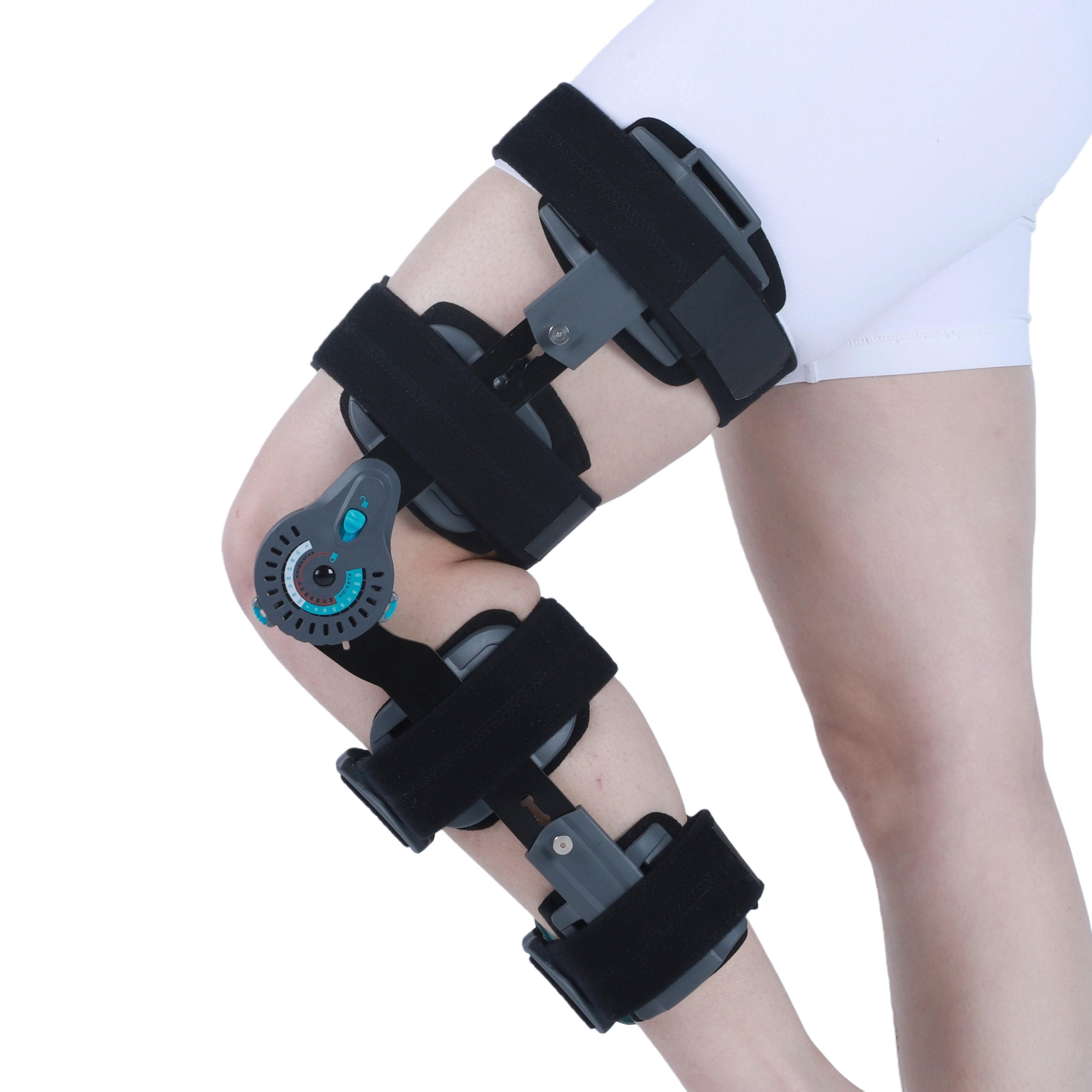 What is the function of the Rom knee fixation brace?