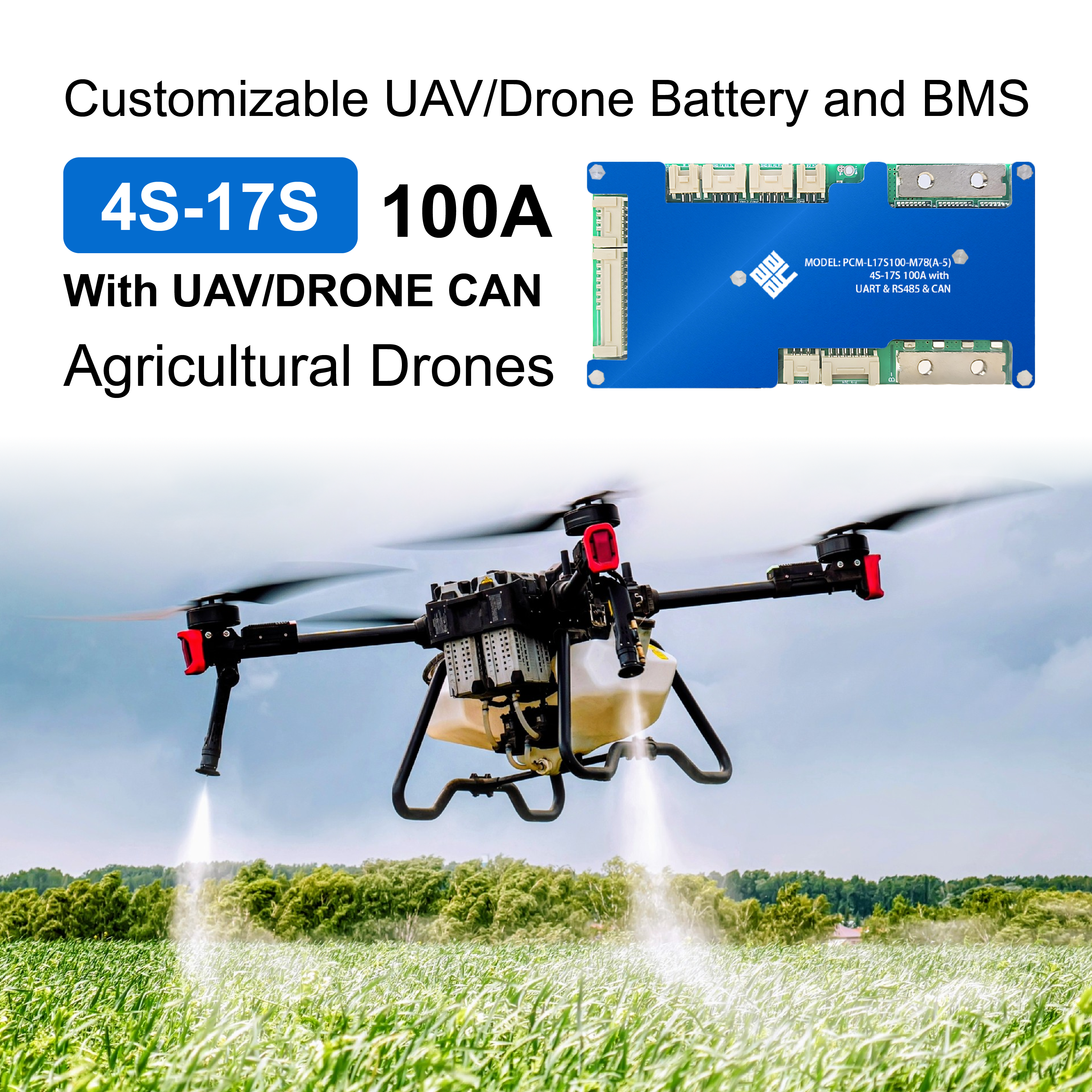 100A 4–17S Drone Battery BMS (Customizable) with UAV/DRONE CAN